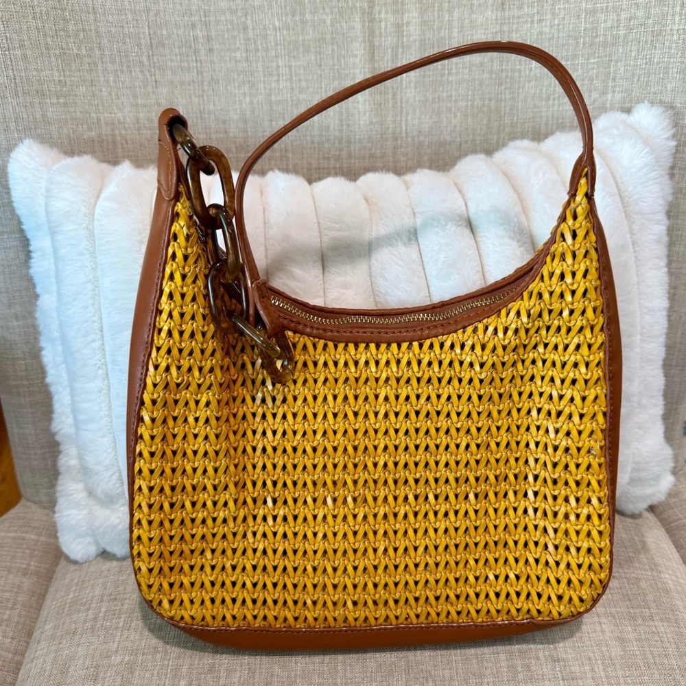 Yellow Woven Hobo Bag with Brown Trim